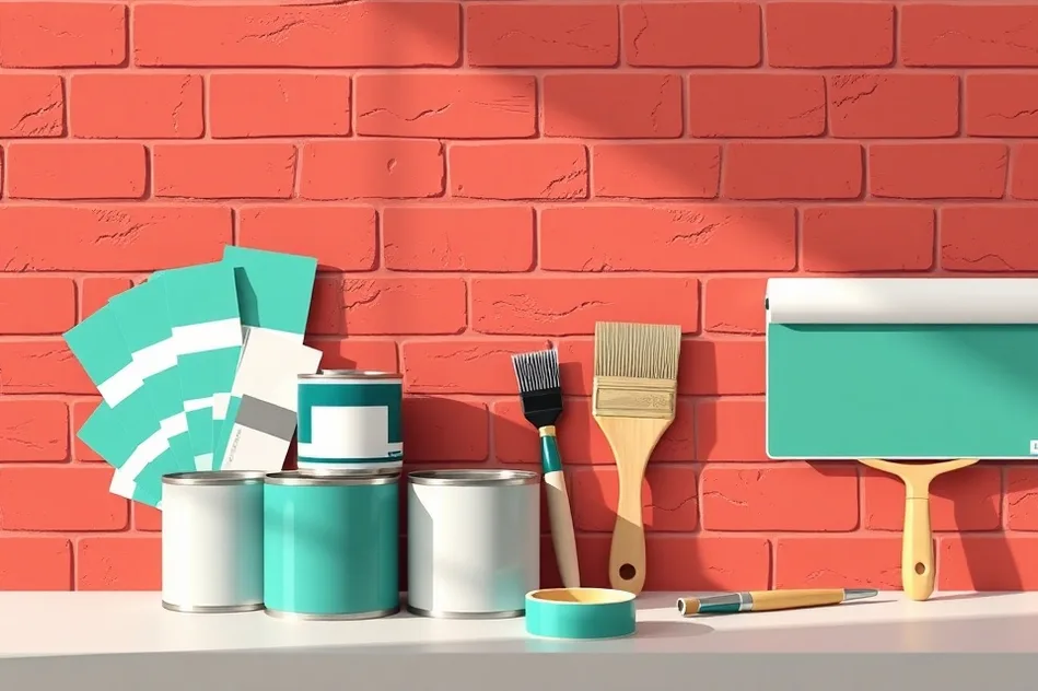 Pots de peinture, nuancier, brosses et rouleaux disposés à plat