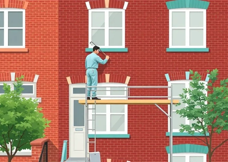 Peintre sur échafaudage traitant la façade d'une maison